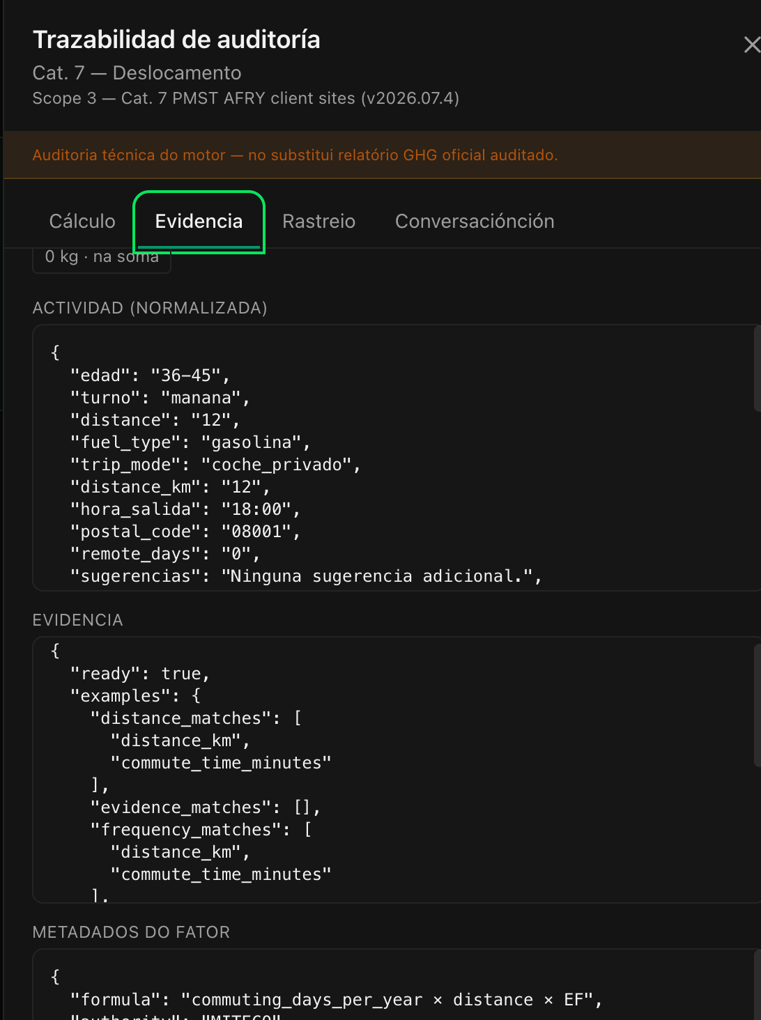 Pestaña de evidencia con datos normalizados