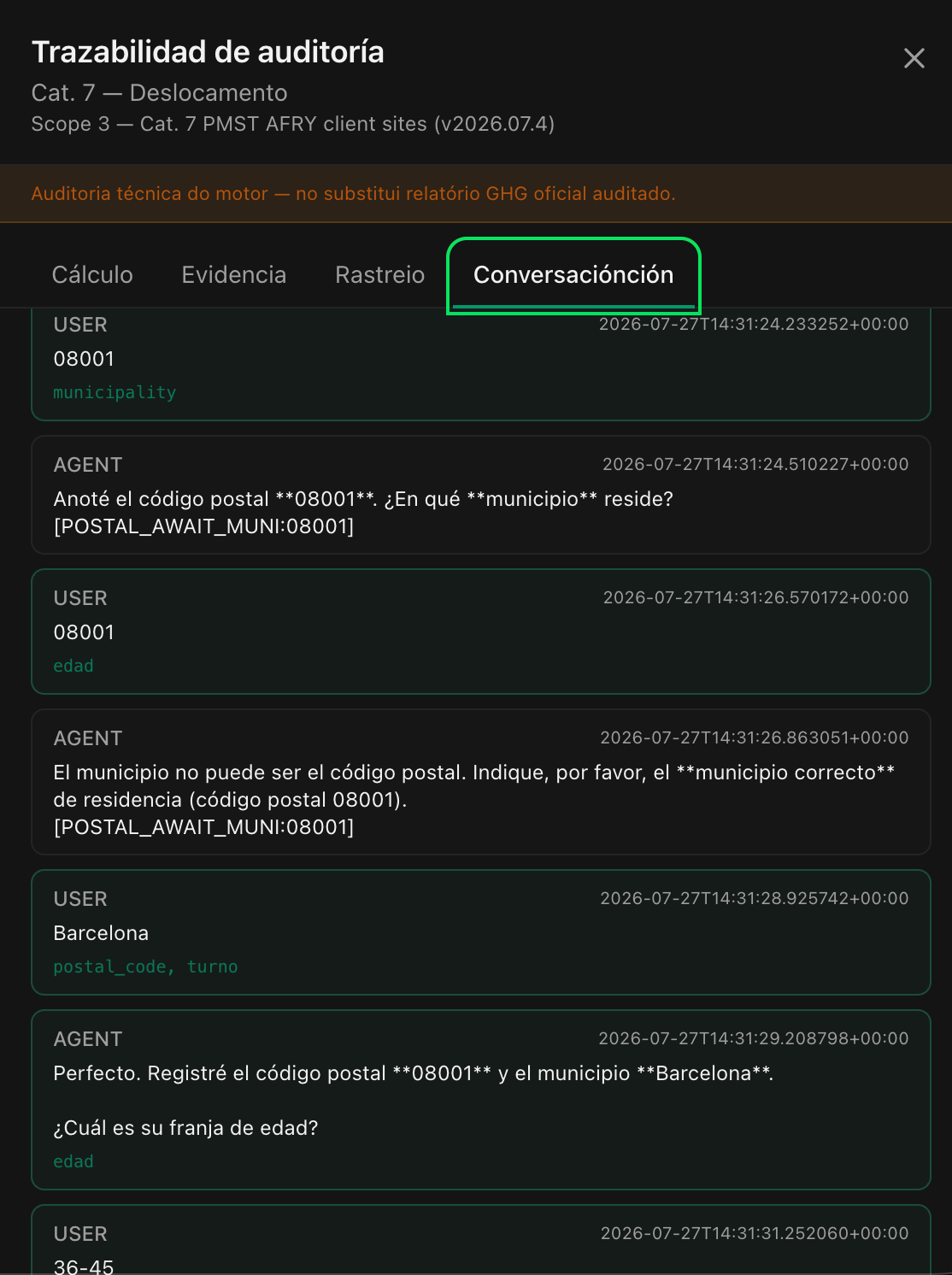 Pestaña de conversación con diálogo agente-empleado